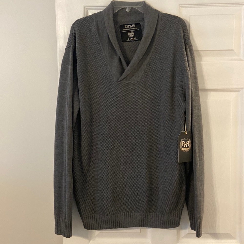 REPAIR Shawl Collar Man Sweater size XL brand new with tag color gray length 30”